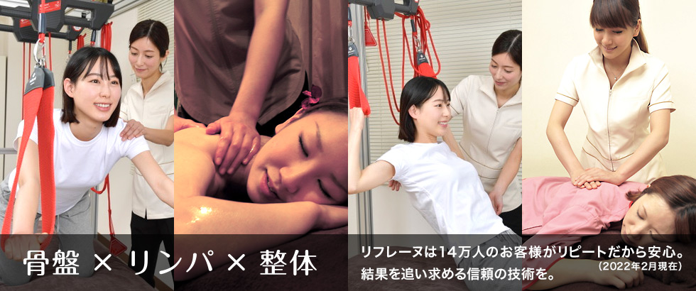 骨盤ｘリンパｘ整体　リフレーヌは14万人のお客様がリピートだから安心（2022年2月現在）結果を追い求める信頼の技術を。
